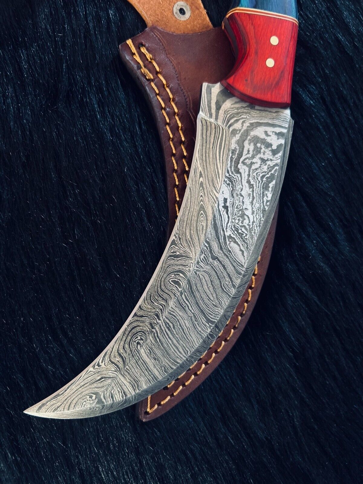 Heritage Forge 10.5 Inch Twist Damascus Steel Karambit Hunting Knife with Camel Bone and Wood Handle