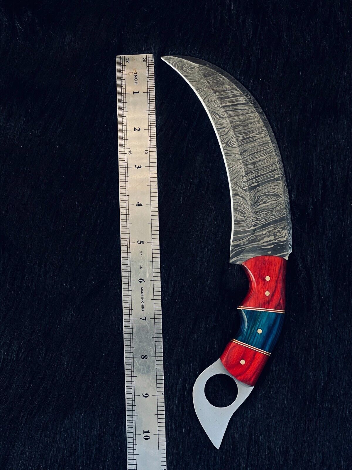 Heritage Forge 10.5 Inch Twist Damascus Steel Karambit Hunting Knife with Camel Bone and Wood Handle