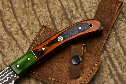 Handmade Damascus Steel Hard Wood Clever Chopper Axe Knife with Leather Sheath