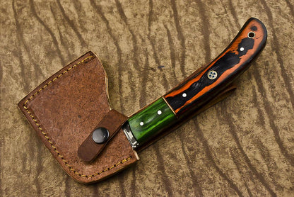 Handmade Damascus Steel Hard Wood Clever Chopper Axe Knife with Leather Sheath