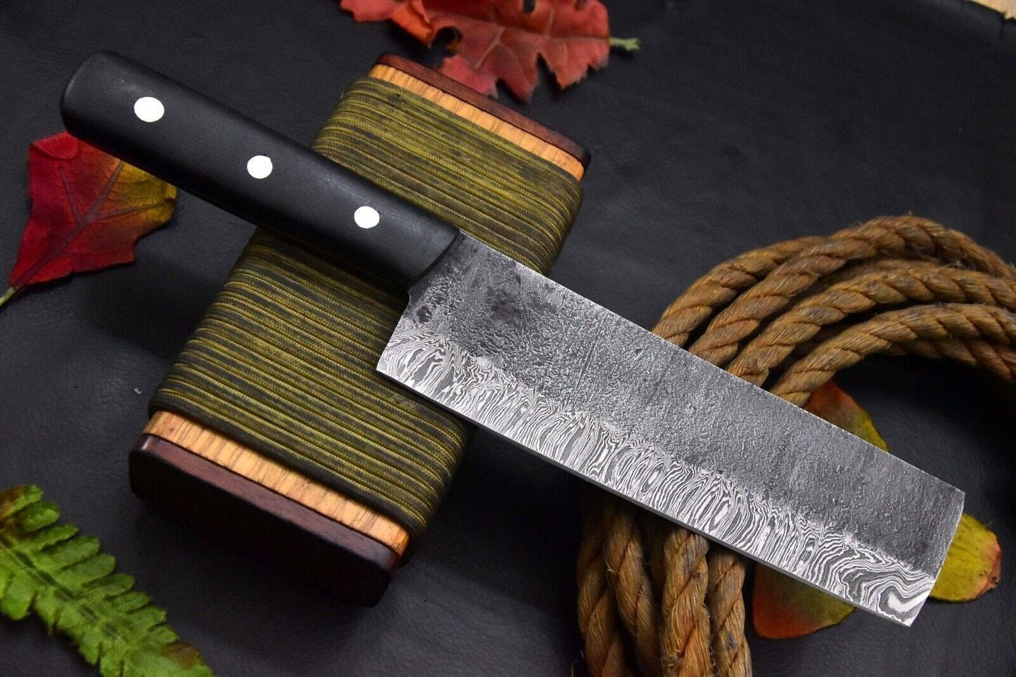 Custom Hammered Damascus Steel Chef Nakiri Knife – G-10 Micarta Handle, Hand Forged