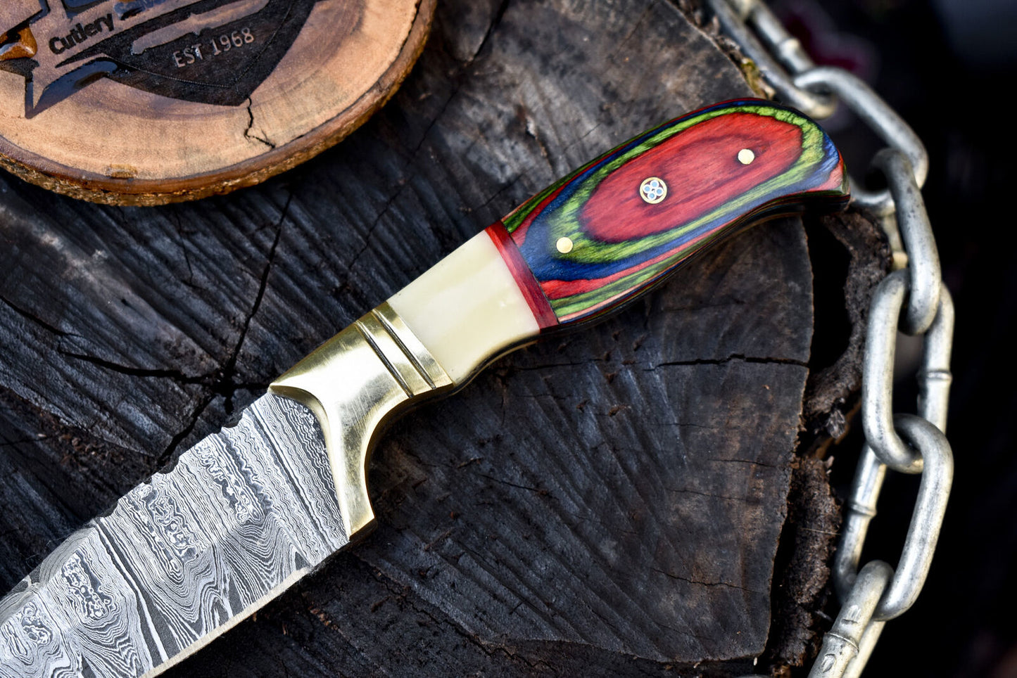 Handmade Twist Damascus Skinner Knife with Bone and Wood Handle Brass Guard