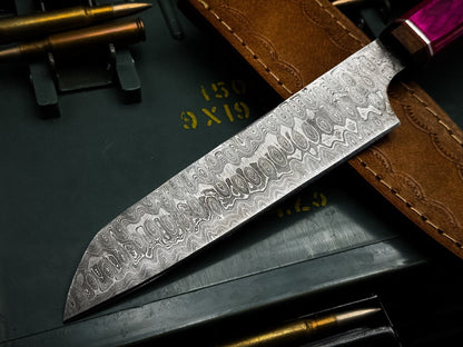 Handmade Damascus Steel Kitchen Chef Cutting Knife with Wood Handle & Leather Sheath