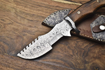 Forged Tracker Knife – Rain Drop Damascus Steel with Walnut Wood Handle & Damascus Guard – Hunting & Bushcraft Knife