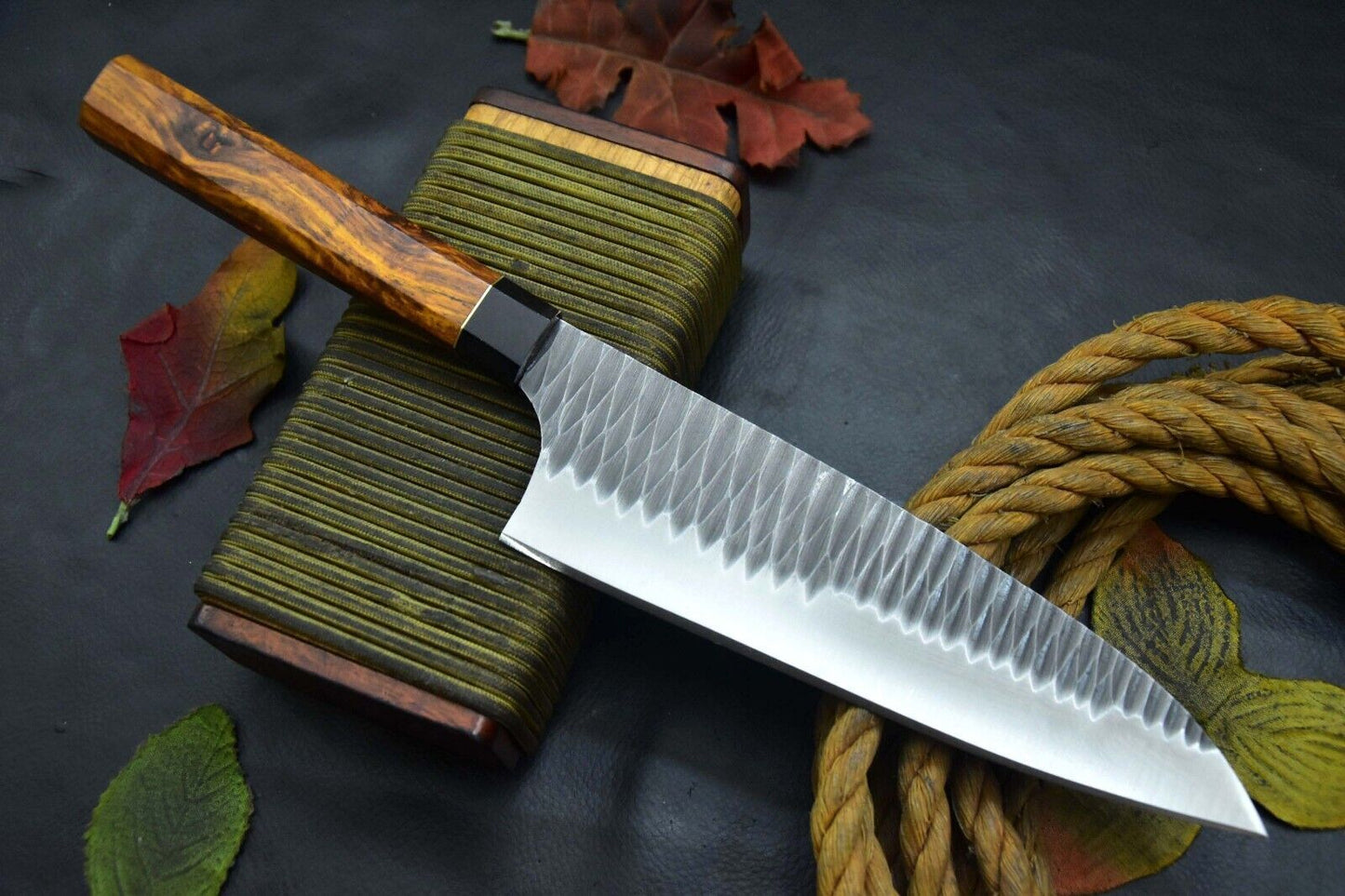 Custom 12.6" Hammered Spring Steel 5160 Chef Kitchen Knife with Walnut & Horn Handle