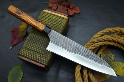 Custom 12.6" Hammered Spring Steel 5160 Chef Kitchen Knife with Walnut & Horn Handle