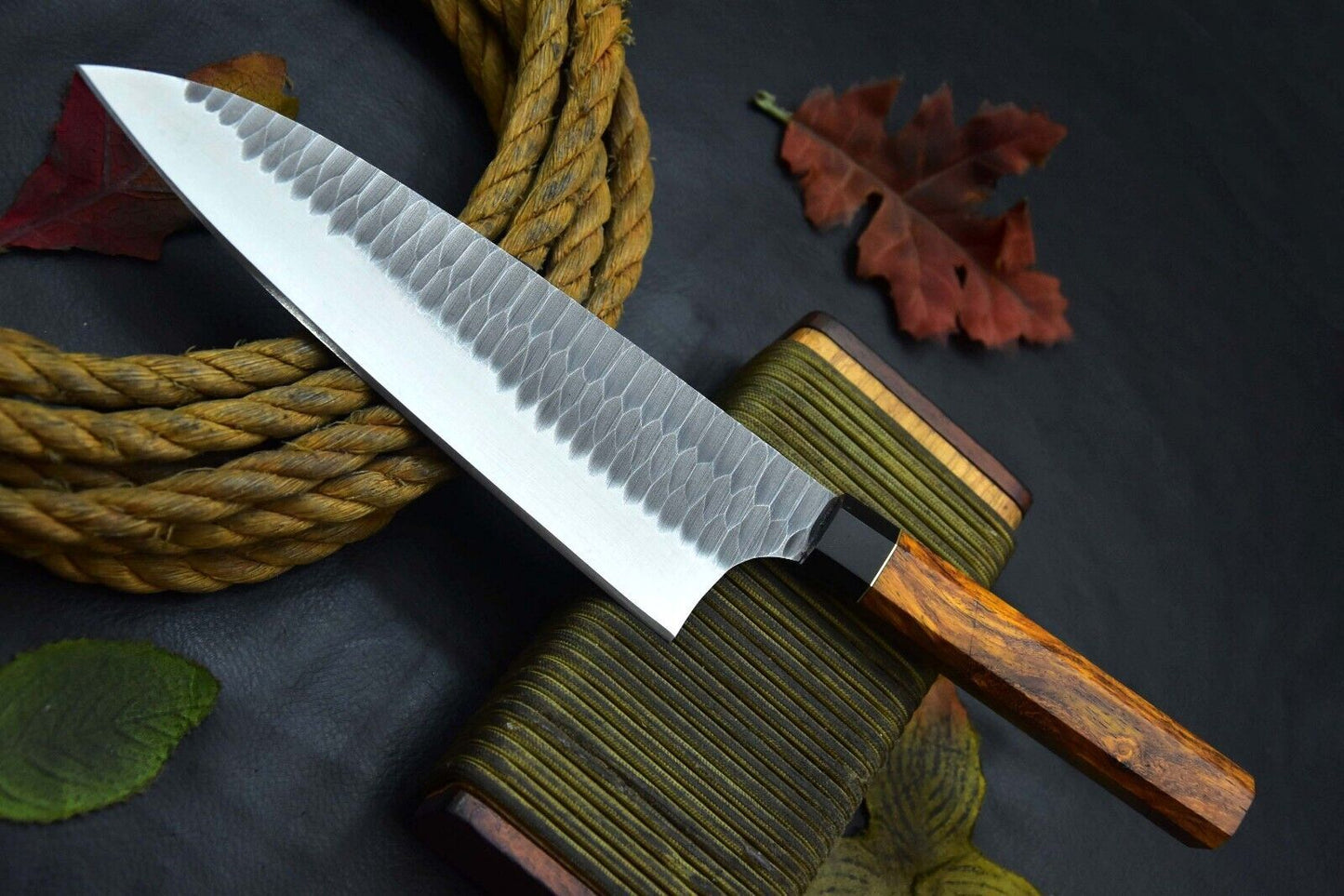 Custom 12.6" Hammered Spring Steel 5160 Chef Kitchen Knife with Walnut & Horn Handle