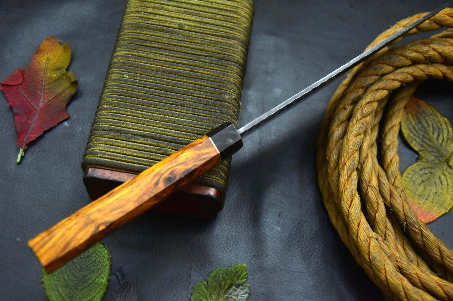 Custom 12.6" Hammered Spring Steel 5160 Chef Kitchen Knife with Walnut & Horn Handle