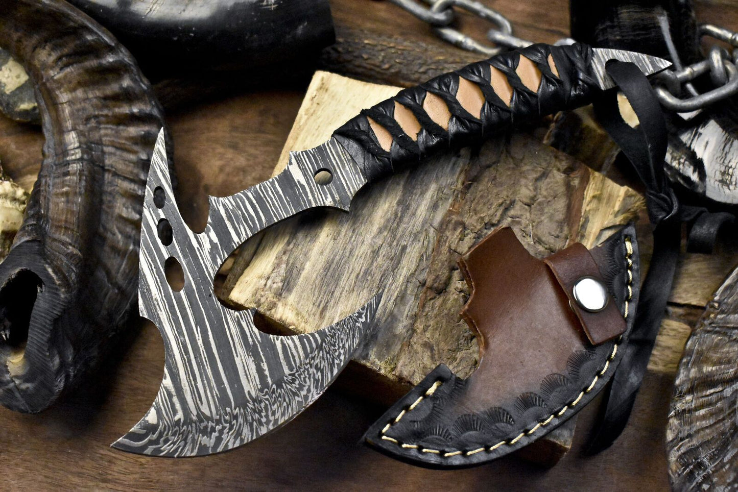 Clever Chopper Axe Knife Twist Damascus with Leather Wrapped Wootz Handle and Sheath