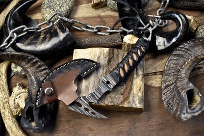 Clever Chopper Axe Knife Twist Damascus with Leather Wrapped Wootz Handle and Sheath