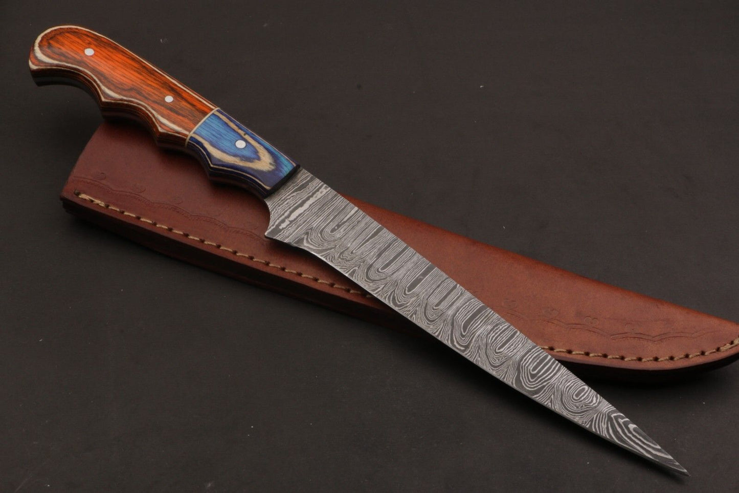 12" Custom Hand Forged Twist Damascus Fillet Knife Damascus Steel Fillet Knife W/Sheath