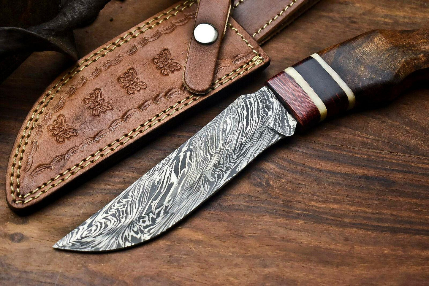 14" Handmade Damascus Steel Bowie Knife – Walnut Wood Handle