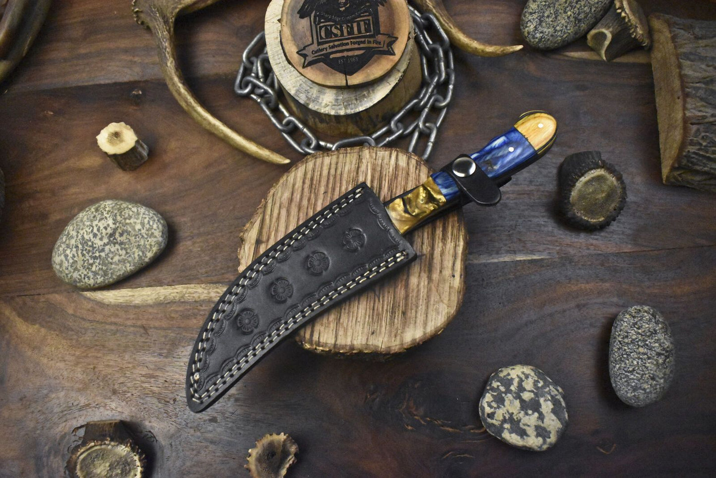Ladder Damascus Skinner Knife with Hardwood Handle Custom Hiking Blade