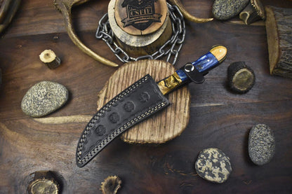 Ladder Damascus Skinner Knife with Hardwood Handle Custom Hiking Blade