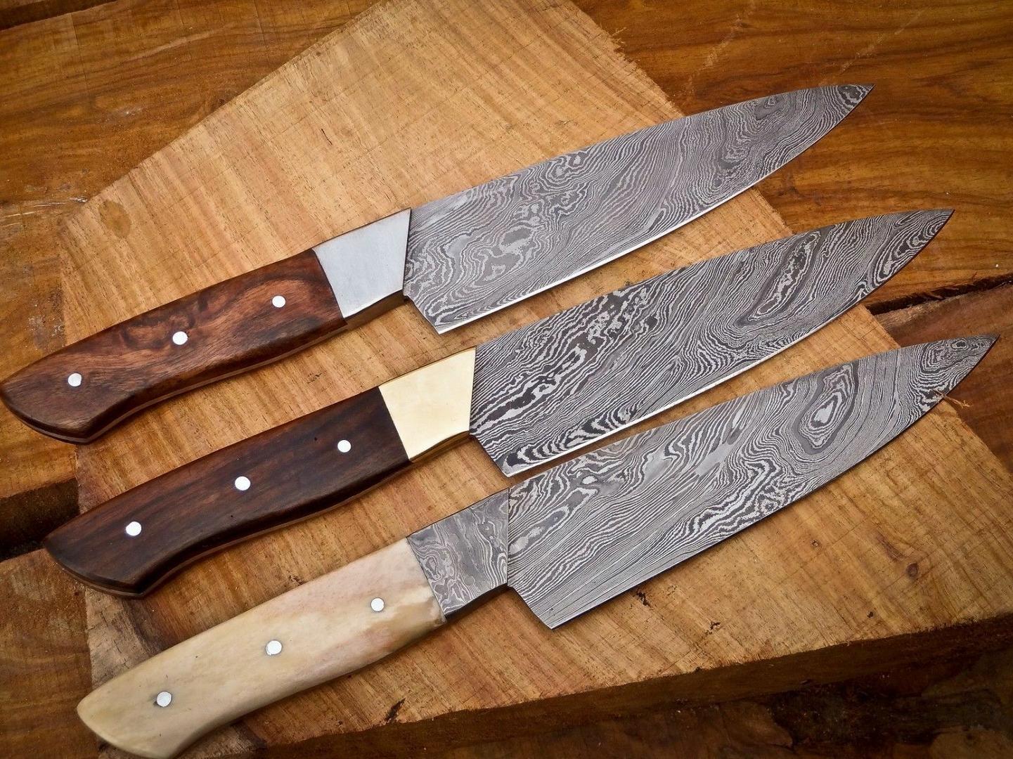 Custom Handmade Damascus Chef Knife Set 3pcs – Rosewood & Camel Bone Handle