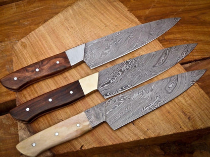 Custom Handmade Damascus Chef Knife Set 3pcs – Rosewood & Camel Bone Handle