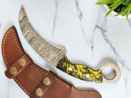 Damascus Karambit Knife 9.5” Handmade Damascus Steel Karambit with Resin Handle