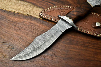12.5 Inch Handmade Damascus Hunting Bowie Knife with Walnut Wood Handle