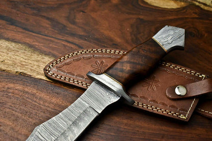 12.5 Inch Handmade Damascus Hunting Bowie Knife with Walnut Wood Handle