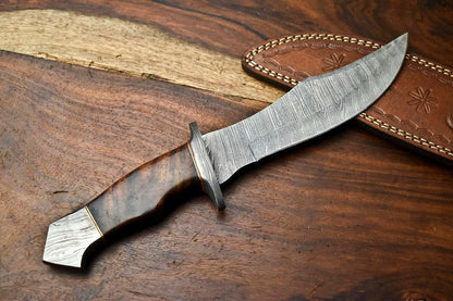 12.5 Inch Handmade Damascus Hunting Bowie Knife with Walnut Wood Handle