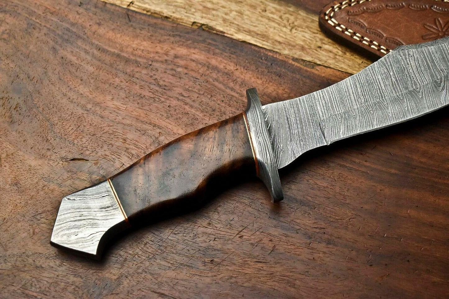 12.5 Inch Handmade Damascus Hunting Bowie Knife with Walnut Wood Handle