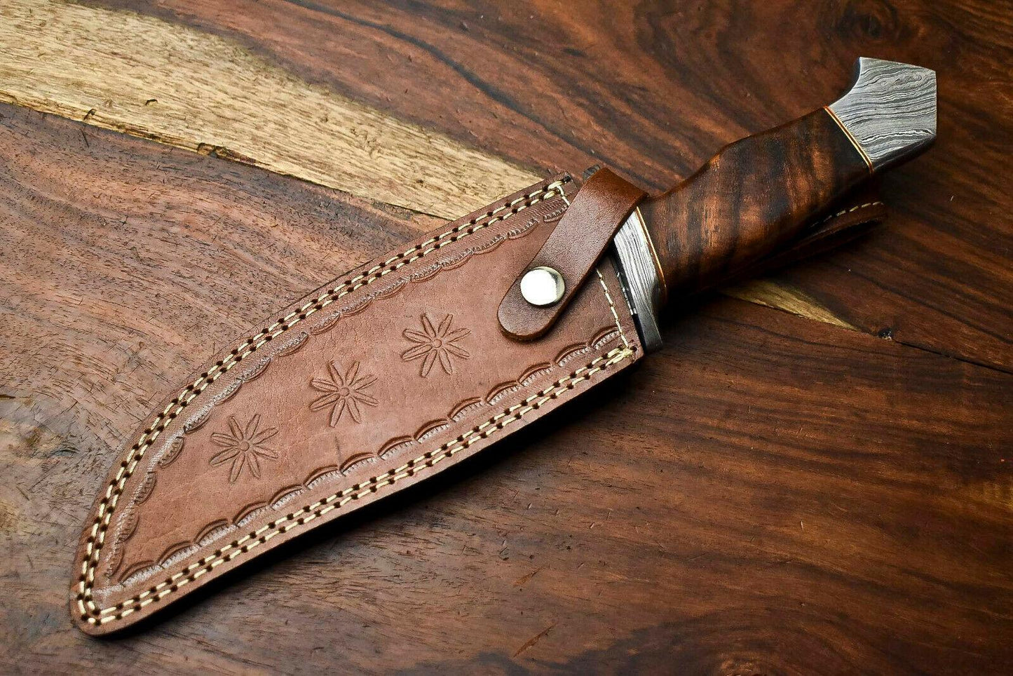 12.5 Inch Handmade Damascus Hunting Bowie Knife with Walnut Wood Handle