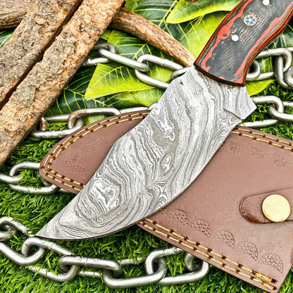 Custom Handmade Damascus Steel Full Tang Tracker Knife – Hardwood Handle, Brass Bolsters & Leather Sheath
