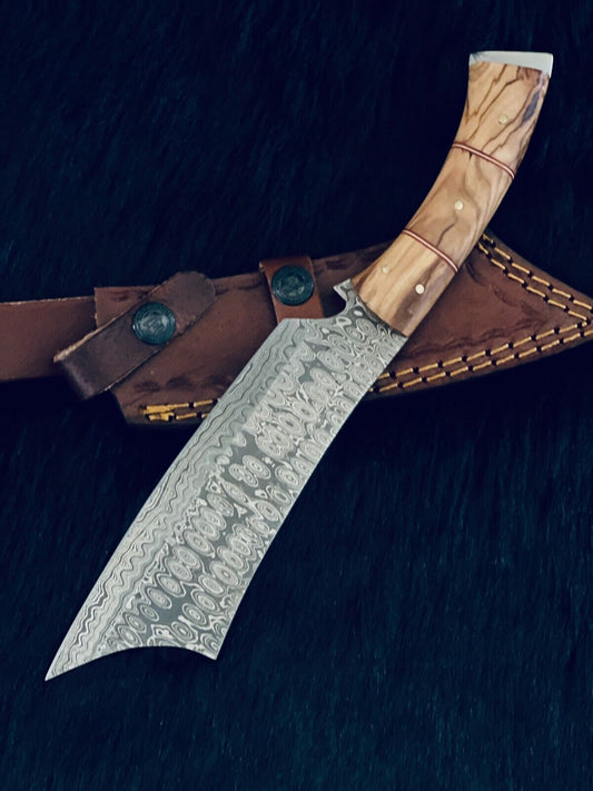 Rain Drop Damascus Bowie Knife – Camel Bone & Wood Handle