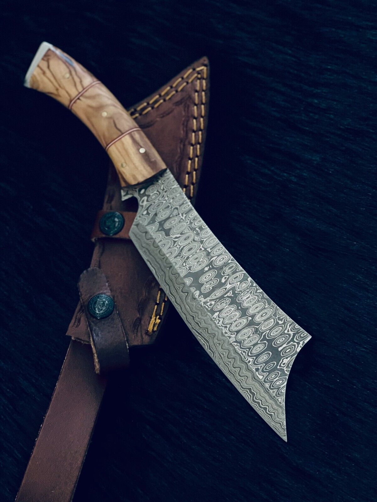 Rain Drop Damascus Bowie Knife – Camel Bone & Wood Handle