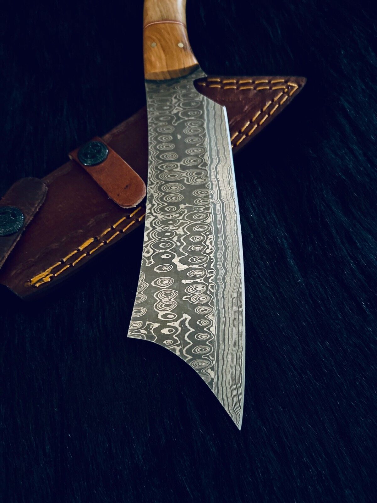 Rain Drop Damascus Bowie Knife – Camel Bone & Wood Handle