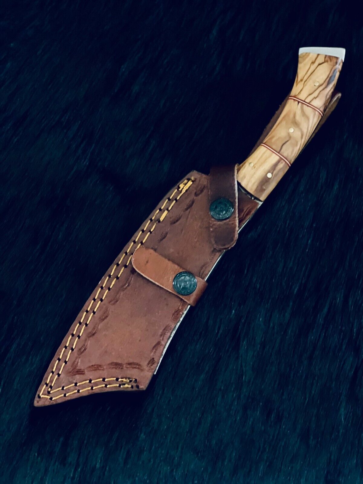 Rain Drop Damascus Bowie Knife – Camel Bone & Wood Handle