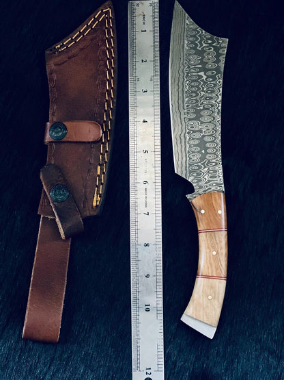 Rain Drop Damascus Bowie Knife – Camel Bone & Wood Handle