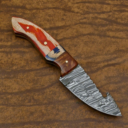 Heritage Forge Handmade Damascus Gut Hook Skinner Hunting Knife with Resin and Wood Handle – Custom Fixed Blade