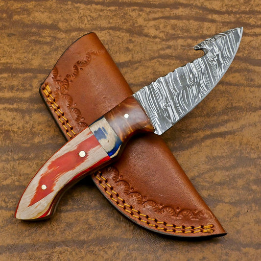 Heritage Forge Handmade Damascus Gut Hook Skinner Hunting Knife with Resin and Wood Handle – Custom Fixed Blade