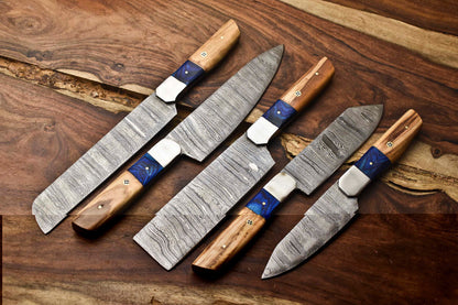 Lot of 5 Handmade Damascus Steel Chef Knives – Professional Kitchen Knife Set