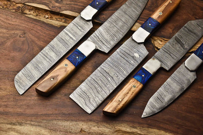 Lot of 5 Handmade Damascus Steel Chef Knives – Professional Kitchen Knife Set