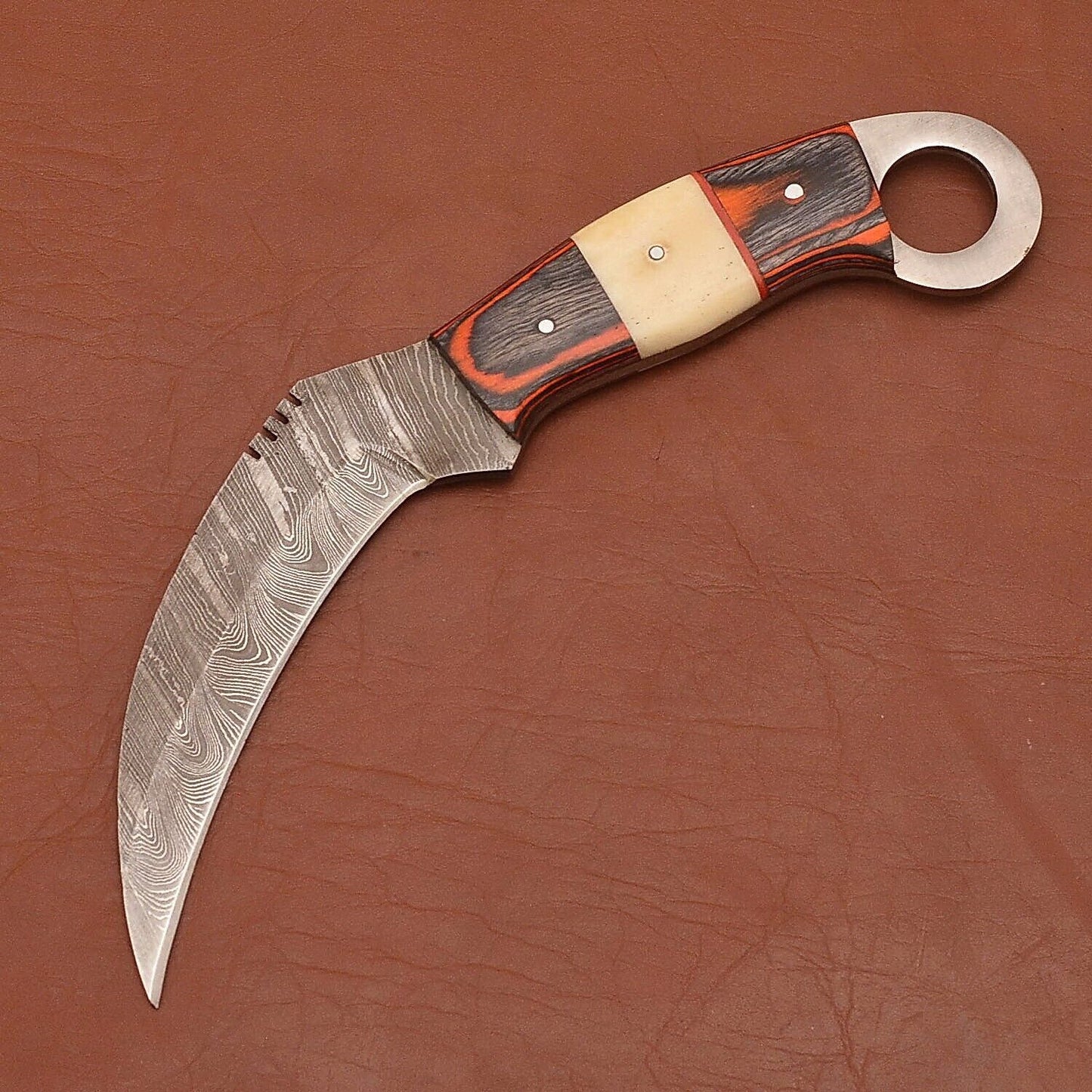 9" Custom Handmade Damascus Karambit Damascus Steel Knife with Wood & Resin Handle
