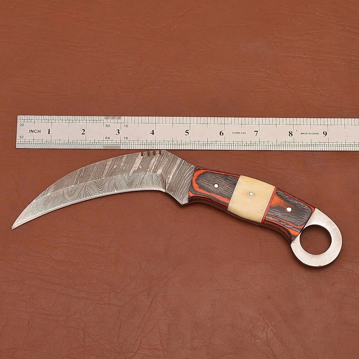 9" Custom Handmade Damascus Karambit Damascus Steel Knife with Wood & Resin Handle