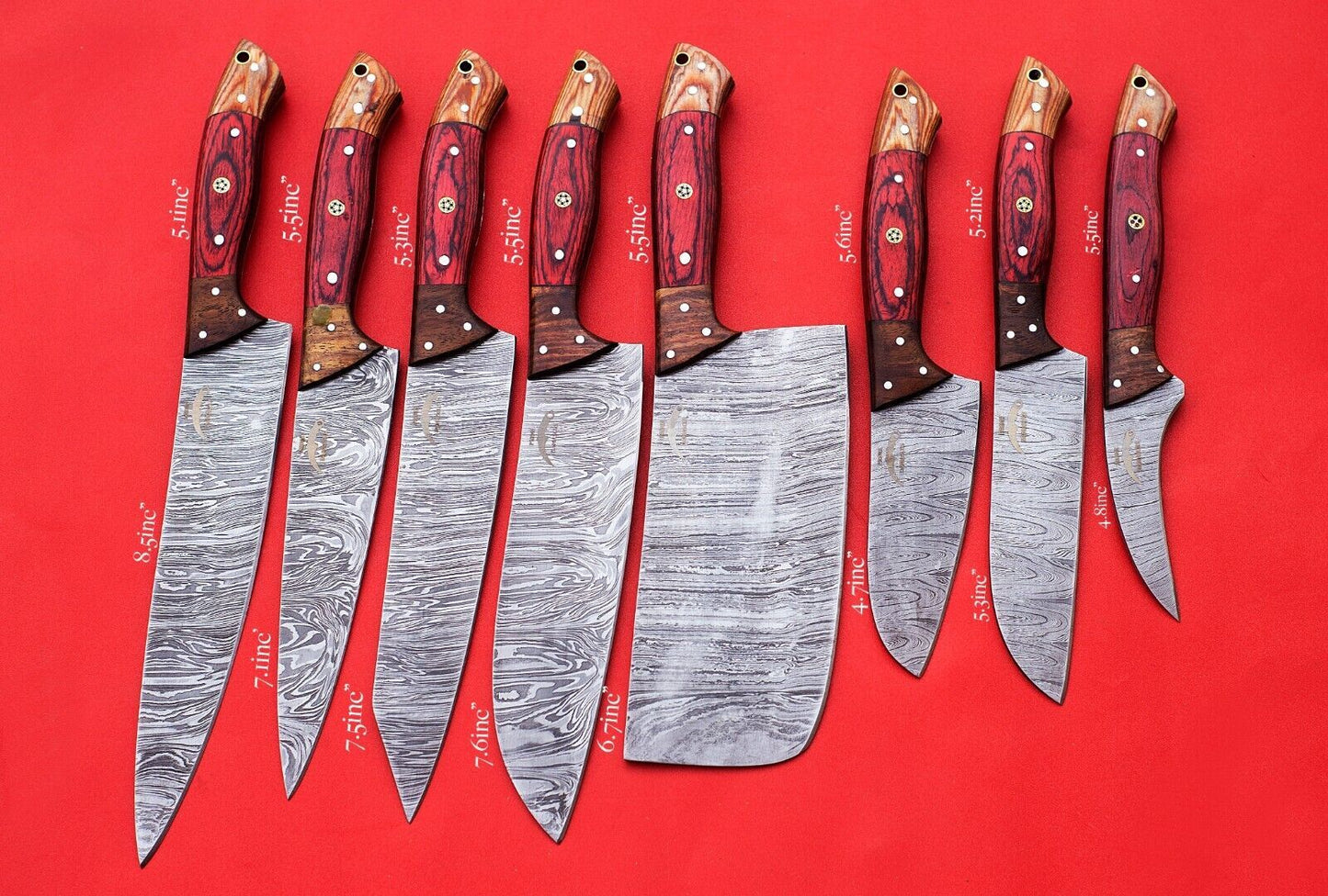 Handmade J2 Steel Chef Knife Set – 8 PCS Full Tang Kitchen Knives with Roll Bag