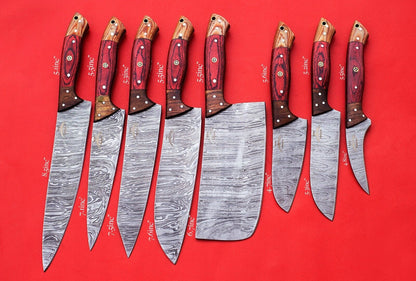 Handmade J2 Steel Chef Knife Set – 8 PCS Full Tang Kitchen Knives with Roll Bag