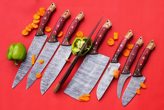 Handmade J2 Steel Chef Knife Set – 8 PCS Full Tang Kitchen Knives with Roll Bag