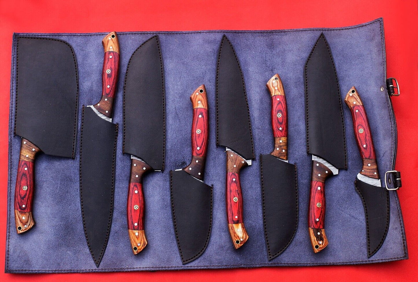 Handmade J2 Steel Chef Knife Set – 8 PCS Full Tang Kitchen Knives with Roll Bag