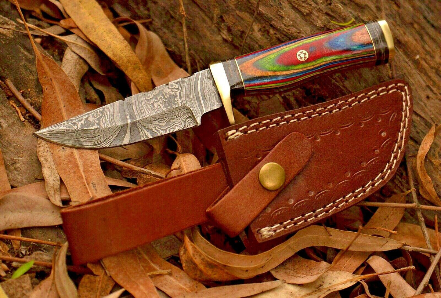 8" Damascus Steel Bowie Knife with Wood & Brass Guard