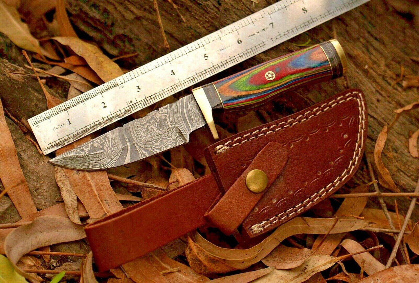 8" Damascus Steel Bowie Knife with Wood & Brass Guard