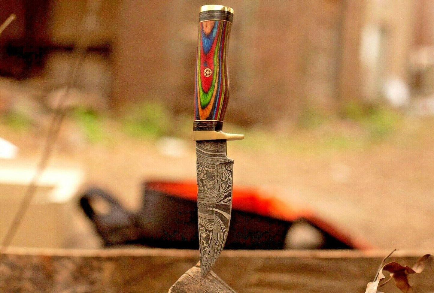 8" Damascus Steel Bowie Knife with Wood & Brass Guard