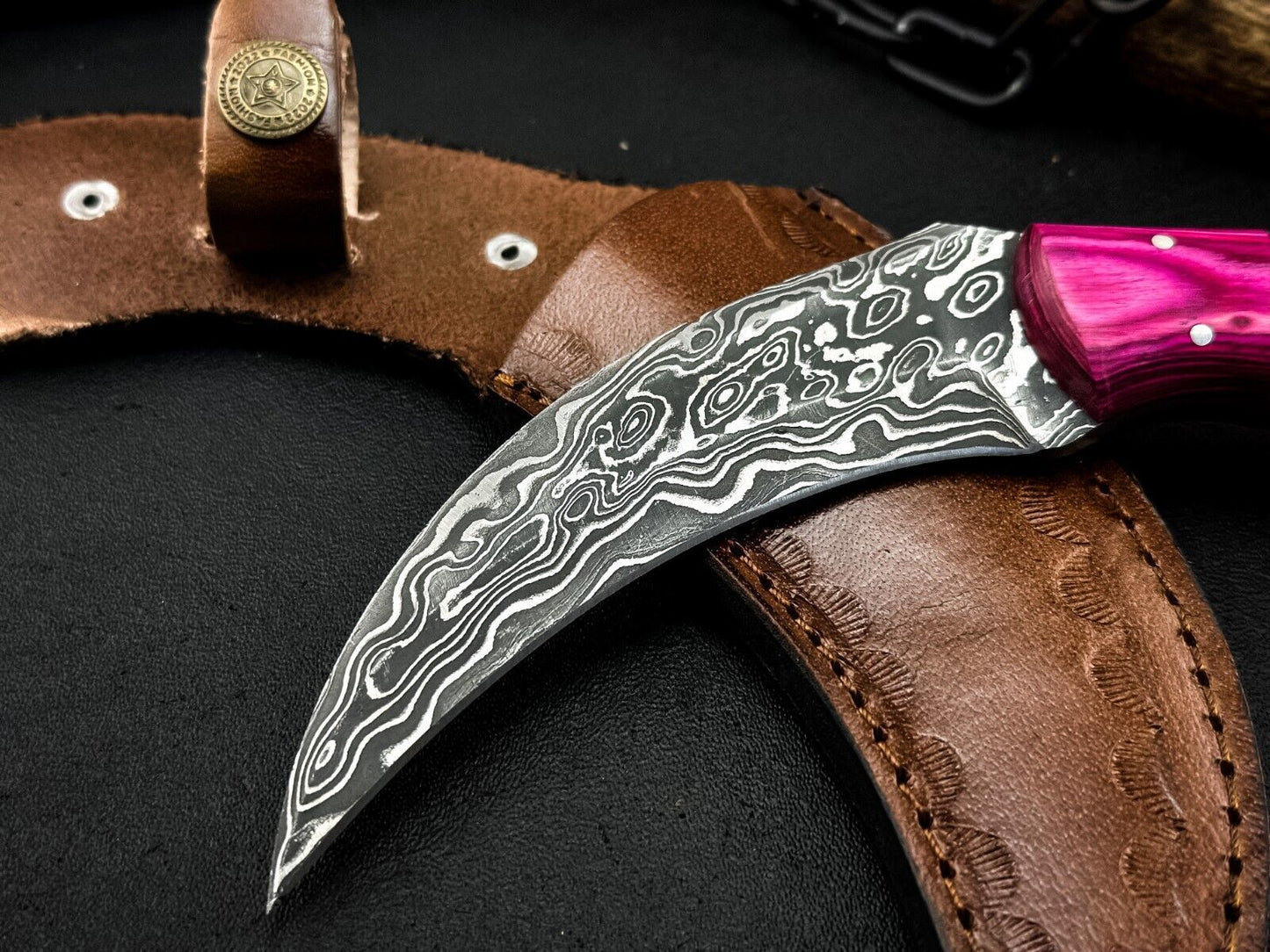 Custom 8” Damascus Karambit Knife Damascus Steel Karambit with Wood Handle