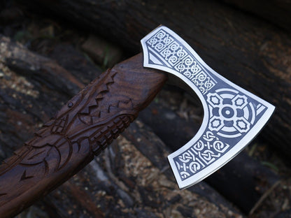 Handmade 22 Inch Viking Tomahawk Axe with Dragon Engraved Hardwood Handle and Leather Sheath