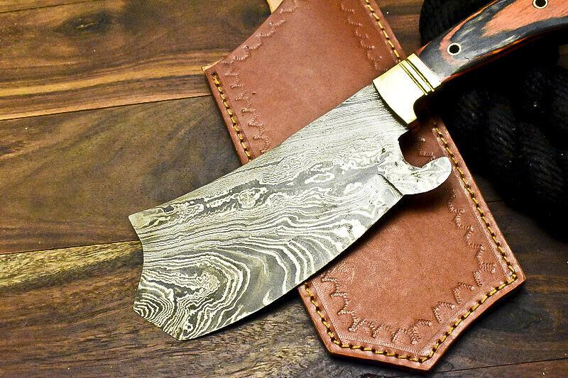 Custom Made Damascus Hard Wood Hunting Clever Chopper Axe Knife with Leather Sheath