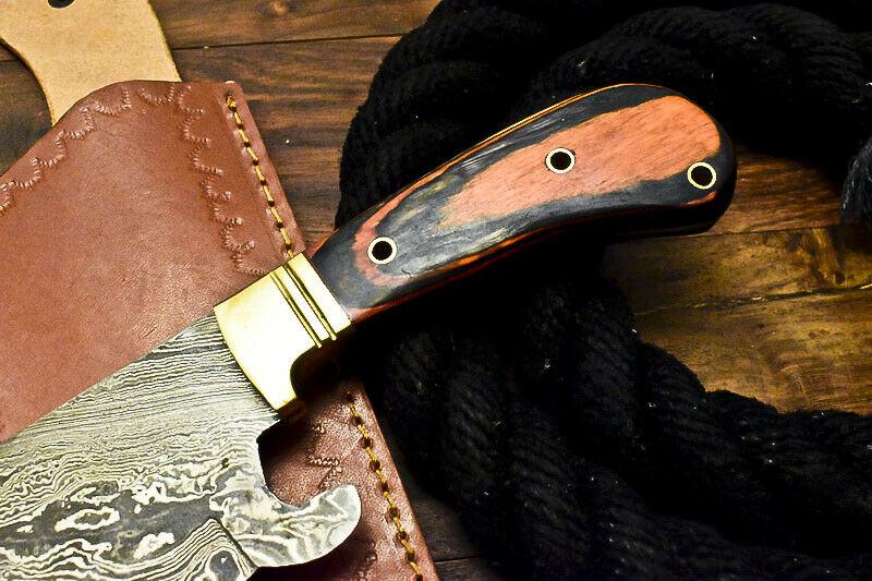 Custom Made Damascus Hard Wood Hunting Clever Chopper Axe Knife with Leather Sheath