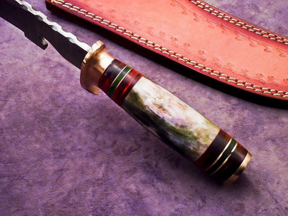 Heritage Forge 16 Inch Damascus Steel Bowie Knife with Camel Bone and Wood Handle